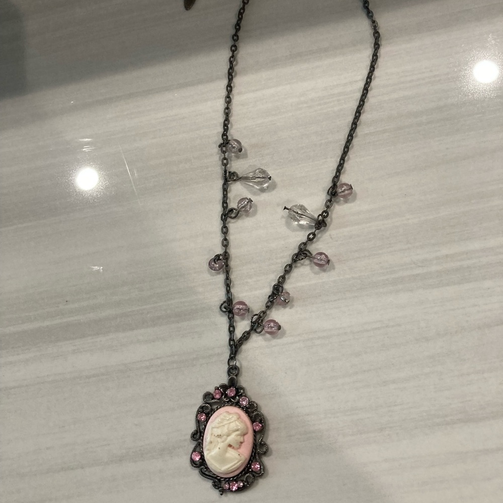 antique silhouette necklace with pink crystal beads